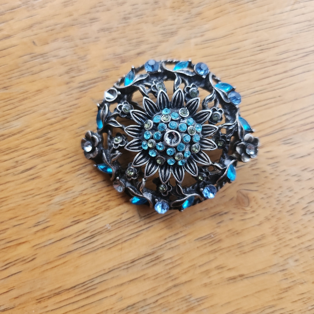 Floral Blue and Silver Brooch